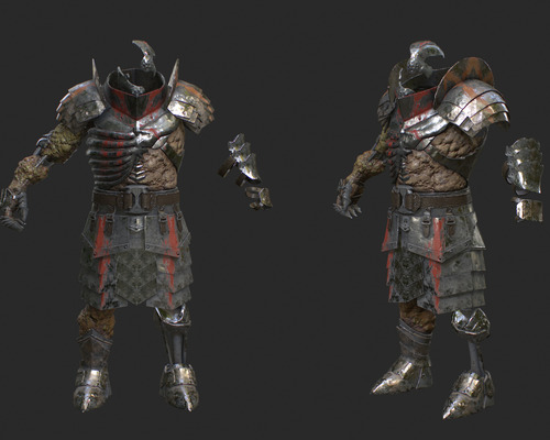 A rendering of a 3d character model's armor from a video game.