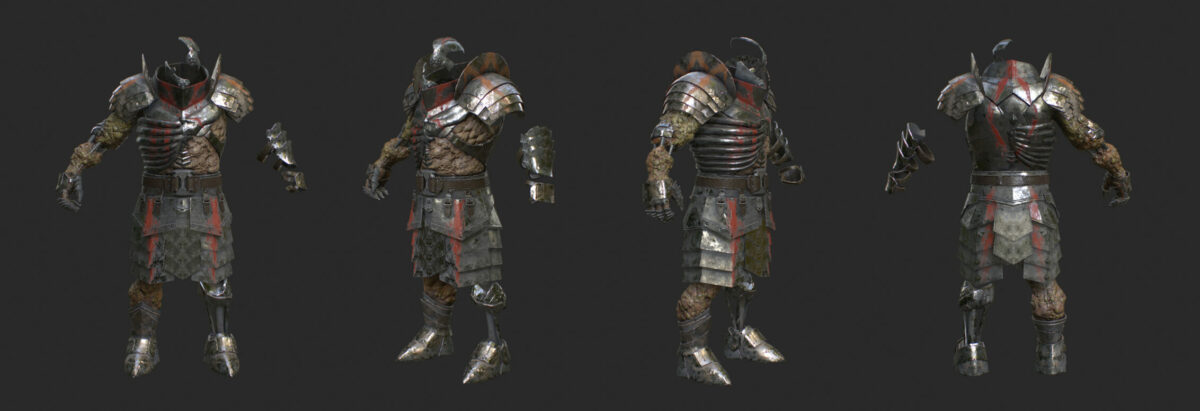 A rendering of a 3d character model's armor from a video game.